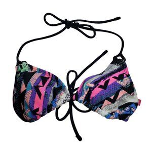 OP Ocean Pacific Junior's Y2K Neon Abstract Print String Halter Bikini Top‎ S
